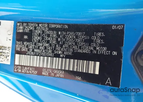 2007 Toyota Fj Cruiser z USA, uszkodzony, nr VIN JTEBU11F270070983